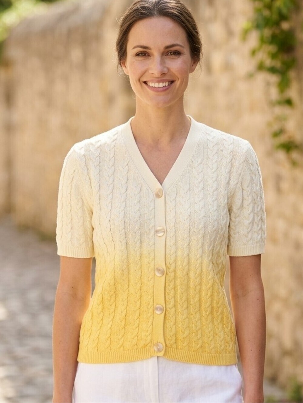 FUNSPORT Vintage Cream To Yellow Ombre Cable Knit Short Sleeve Cardigan, Medium